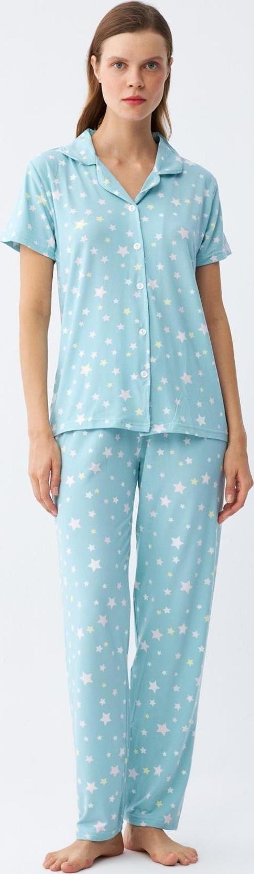Kadın Buz Mavisi Yıldız Desenli Önden Düğmeli Pijama Takımı