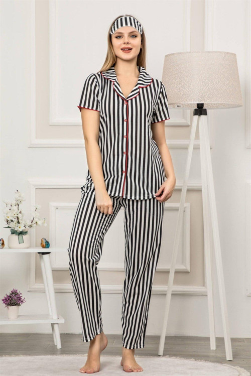 Kadın Siyah Beyaz Renk Pamuklu Cepli Kısa Kol Pijama Takım 2532