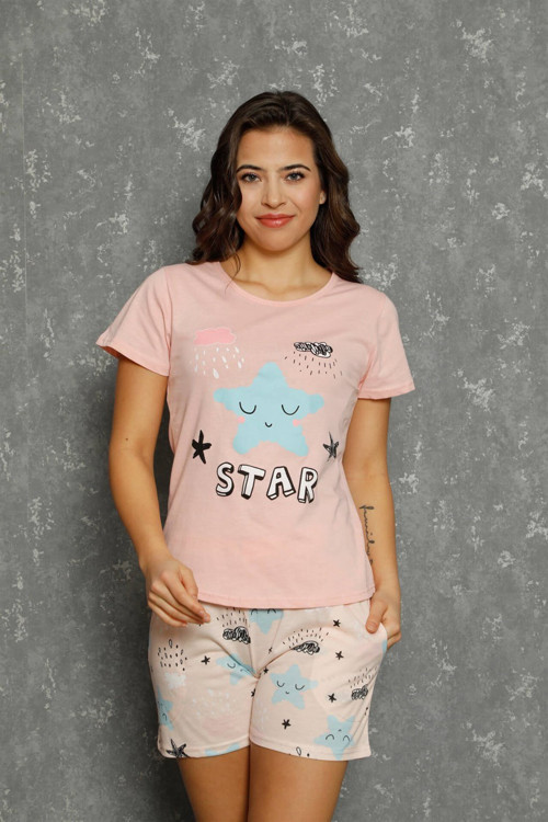Kadın %100 Pamuk Penye Kısa Kol Şortlu Pijama Takım 3572