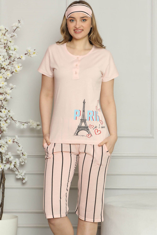 Kadın %100 Pamuk Penye Kısa Kol Kapri Pijama Takım 3544