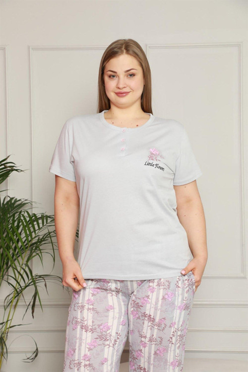 Kadın %100 Pamuk Cepli Kısa Kol Büyük Beden Pijama Takım 202072