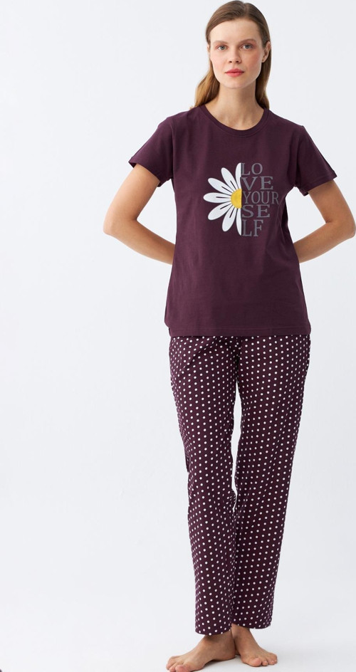 Kadın Mürdüm Papatya Baskılı Kısa Kollu Penye Pijama Takımı