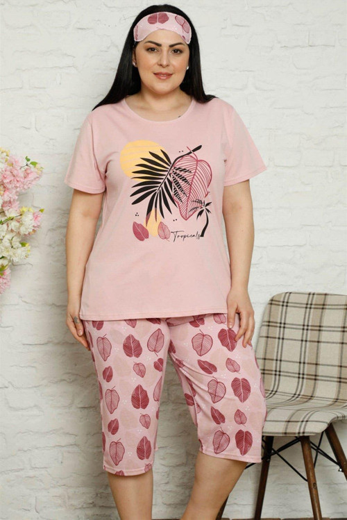 Kadın Pamuklu Kısa Kol Büyük Beden Kapri Pijama Takım 202094