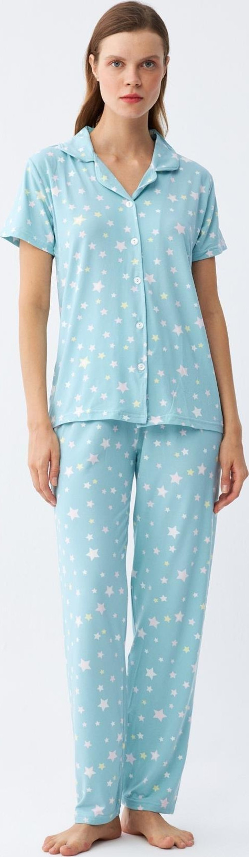 Kadın Buz Mavisi Yıldız Desenli Önden Düğmeli Pijama Takımı