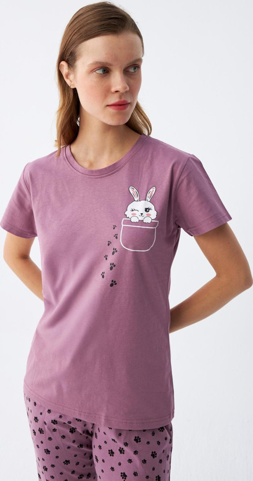 Kadın Mor Patili Tavşan Baskılı Cepli Pijama Takımı