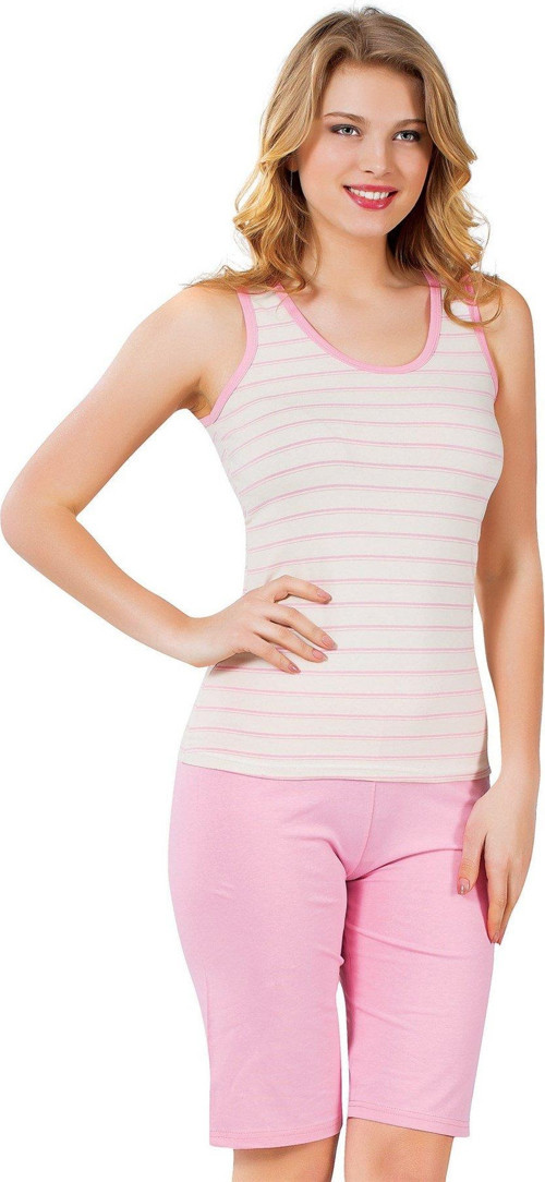 Kadın İp Askılı Ekru Pembe Kapri Pijama Takımı 3129
