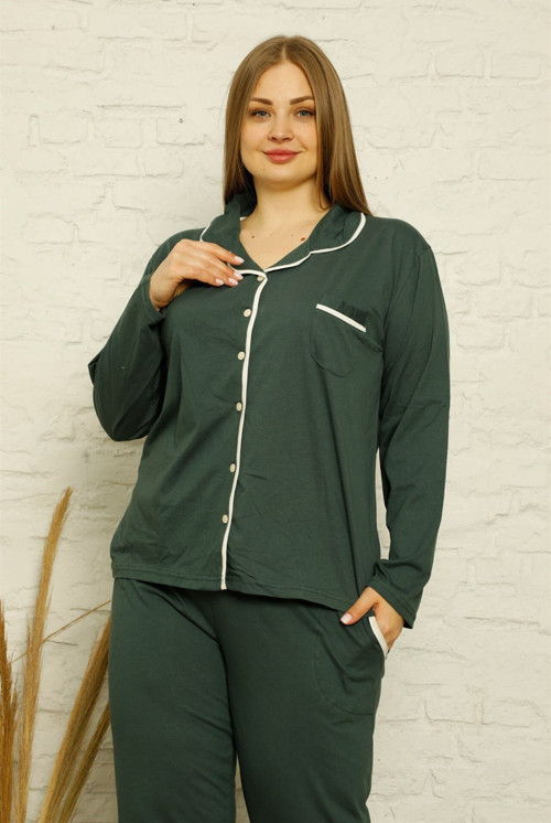 Kadın Pamuklu Cepli Uzun Kol Büyük Beden Pijama Takım 202129
