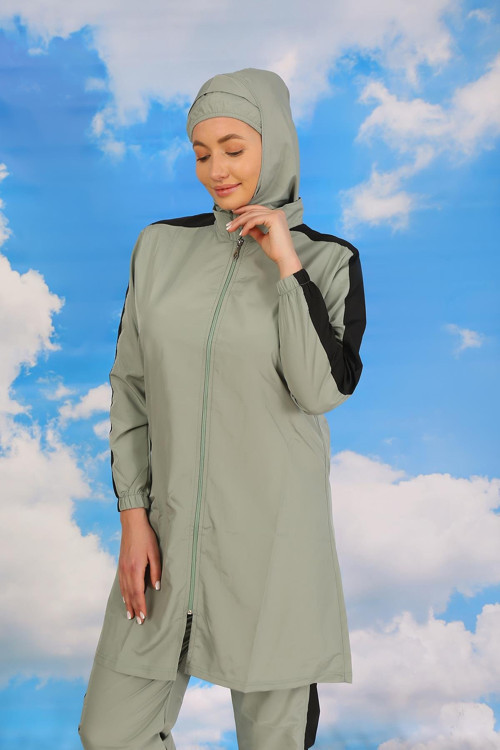 Kadın Pantolonlu Kolu Şeritli Tam Tesettür Mayo Su Yeşili 31065