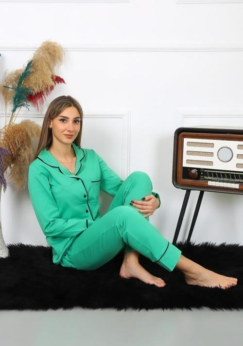 Kadın Pamuk Penye Önden Düğmeli Uzun Kol Yeşil Pijama Takım 2782