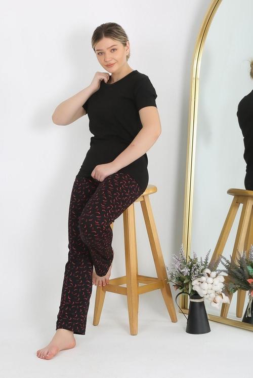 Kadın Kısa Kol Pamuk Penye Pijama Takım Siyah 4214