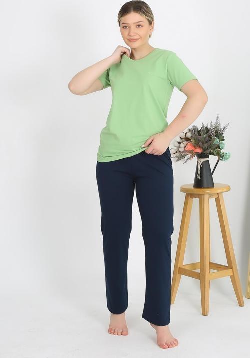 Kadın Kısa Kol Pamuk Penye Pijama Takım Fıstık Yeşili 4215