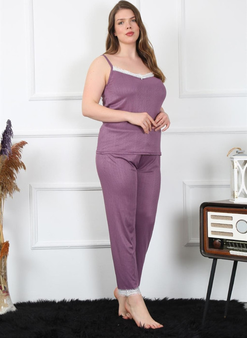 Kadın Büyük Beden Mürdüm İp Askılı Pijama Takım 202195