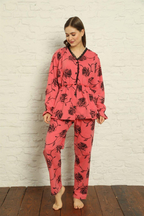 Kadın %100 Pamuk Penye Pileli Pijama Takım 17107