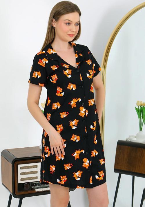 Kadın Pamuk Penye Kısa Kol Düğmeli Siyah Tunik Gecelik 13111