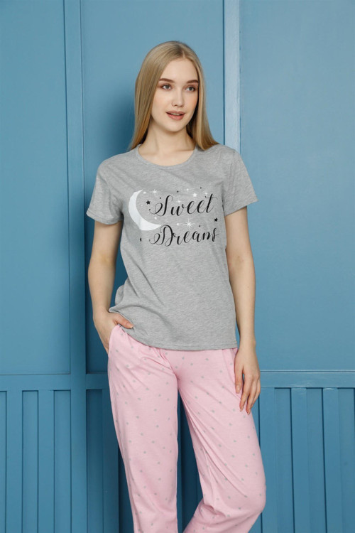 Kadın %100 Pamuk Penye Kısa Kol Pijama Takım 3462