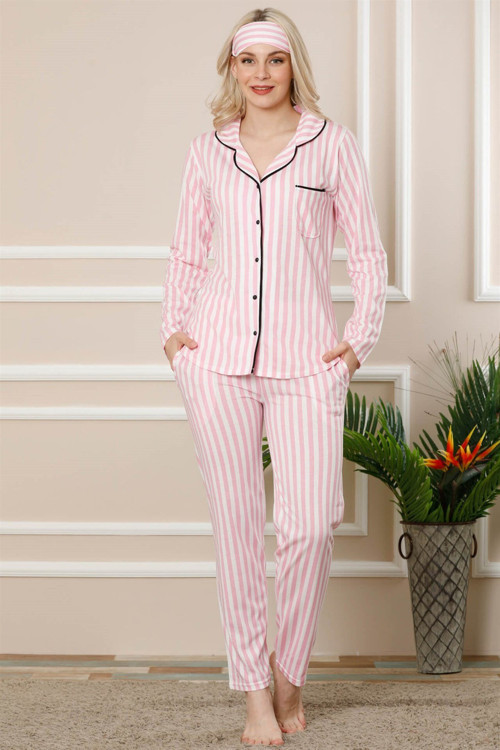 Kadın Pembe Ekru Pamuklu Düğmeli Cepli Uzun Kol Pijama Takım 2456