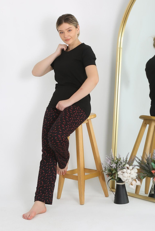Kadın Kısa Kol Pamuk Penye Pijama Takım Siyah 4214