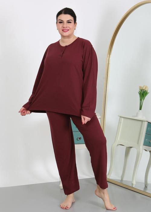 Kadın Büyük Beden Uzun Kol Penye Pijama Takımı Bordo 202501