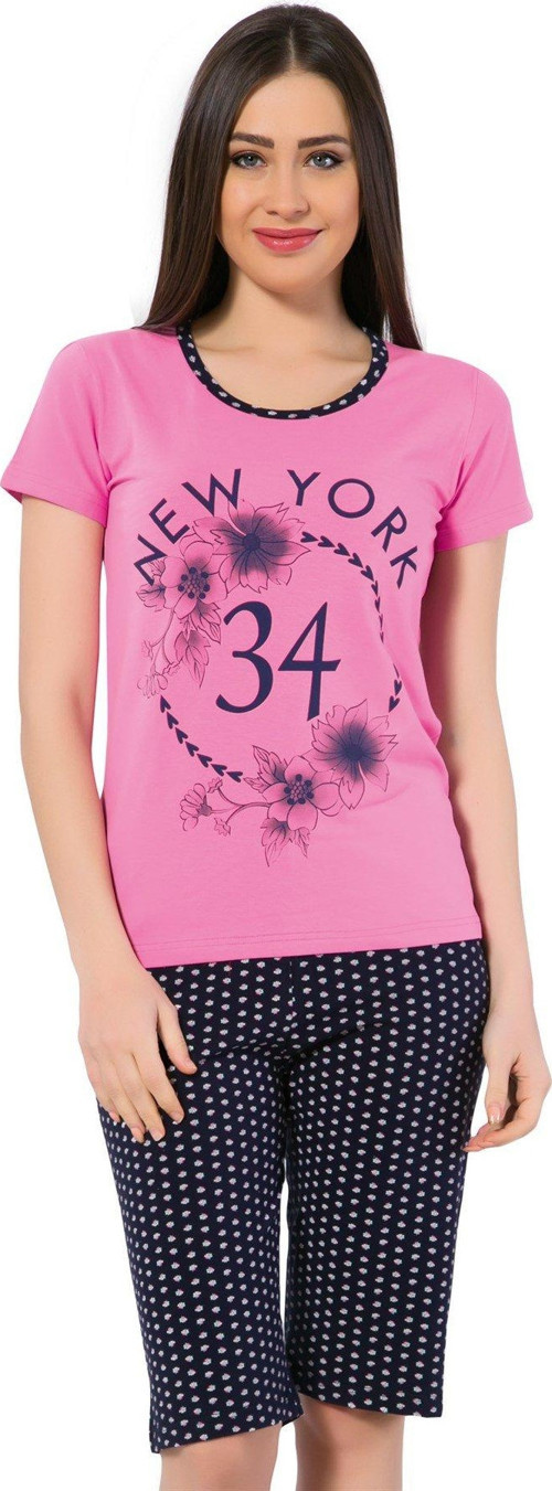 Kadın Kısa Kol Pembe Lacivert Kapri Pijama Takımı 3136