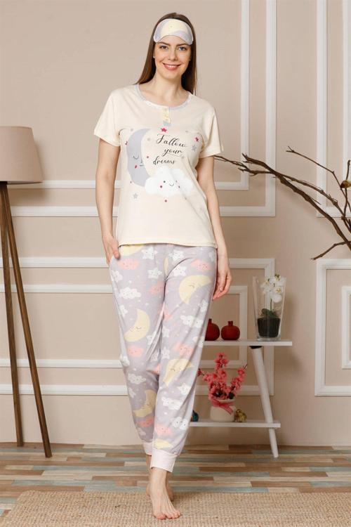 Kadın Bej Pamuklu Cepli Kısa Kol Ribana Paça Pijama Takım 2515