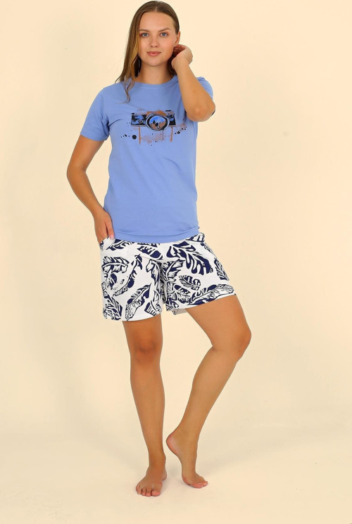 Kadın Şortlu Kısa Kol Penye Pijama Takımı Mavi 3622
