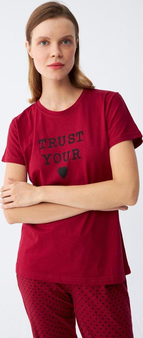 Kadın Bordo Kalp Desenli Kısa Kollu Penye Pijama Takımı
