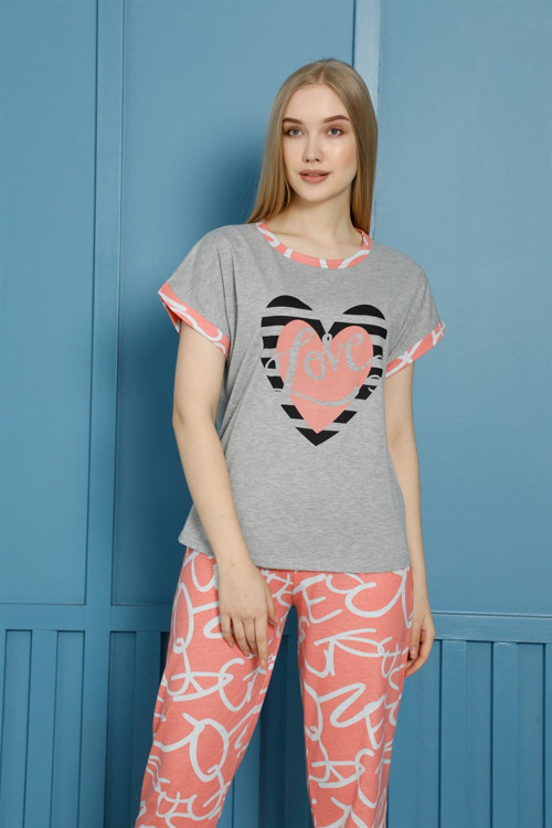 Kadın %100 Pamuk Penye Kısa Kol Pijama Takım 3454