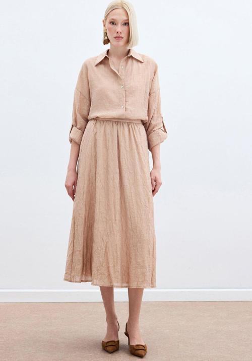 Kraşlı Kloş Etek - Pudra