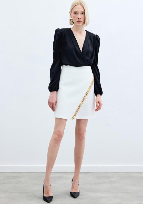 Zincir Aksesuarlı Mini Etek - Ekru