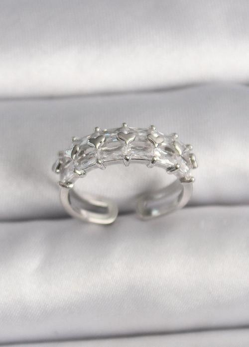 Pirinç Gümüş Renk Zirkon Taşlı Ayarlanabilir Yüzük