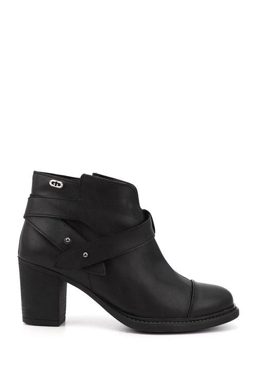 Siyah Gön Hakiki Deri Yuvarlak Burun Topuklu Fermuarlı Bantlı Kadın Günlük Bot 54460