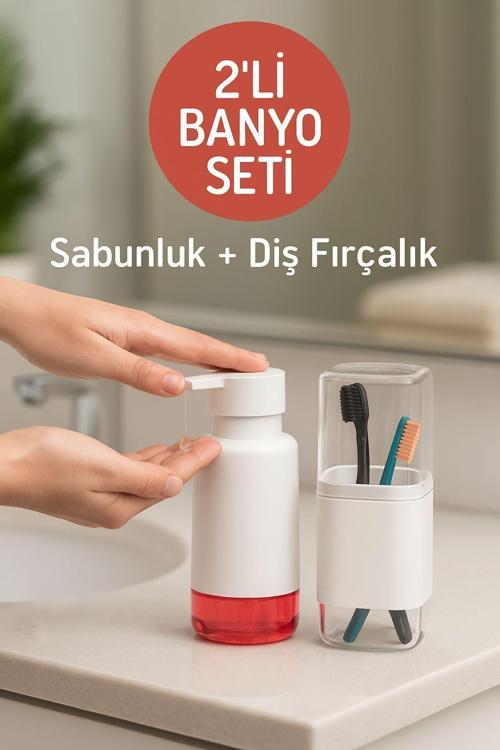 2'li Pratik Sıvı Sabunluk ve Diş Fırçalık Seti Beyaz