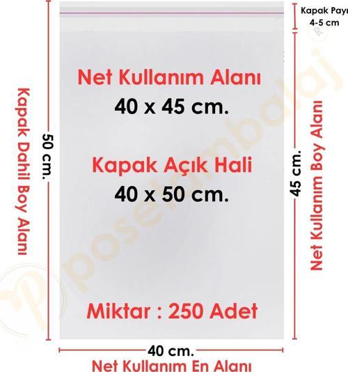 40x45+5 cm.(40x50) 250 Adet Şeffaf Bantlı Yapışkanlı Jelatin Poşet