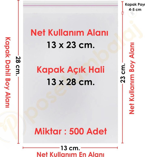 13x23+5 cm.(13x28) 500 Adet Şeffaf Bantlı Yapışkanlı Jelatin Poşet