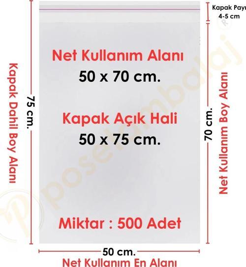 50x70+5 cm.(50x75) 500 Adet Şeffaf Bantlı Yapışkanlı Jelatin Poşet