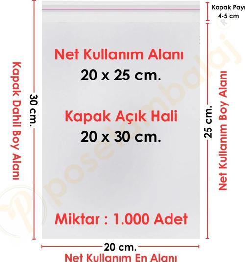 20x25+5 cm.(20x30) 1.000 Adet Şeffaf Bantlı Yapışkanlı Jelatin Poşet