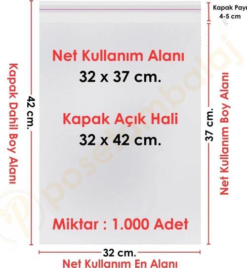 32x37+5 cm.(32x42) 1.000 Adet Şeffaf Bantlı Yapışkanlı Jelatin Poşet