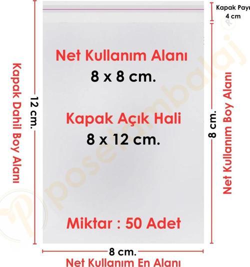 8x8+4 cm.(8x12) 50 Adet Şeffaf Bantlı Yapışkanlı OPP Poşet