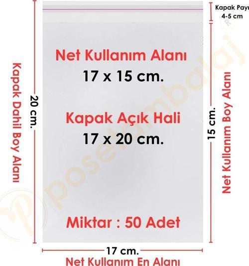 17x15+5 cm.(17x20) 50 Adet Şeffaf Bantlı Yapışkanlı OPP Poşet