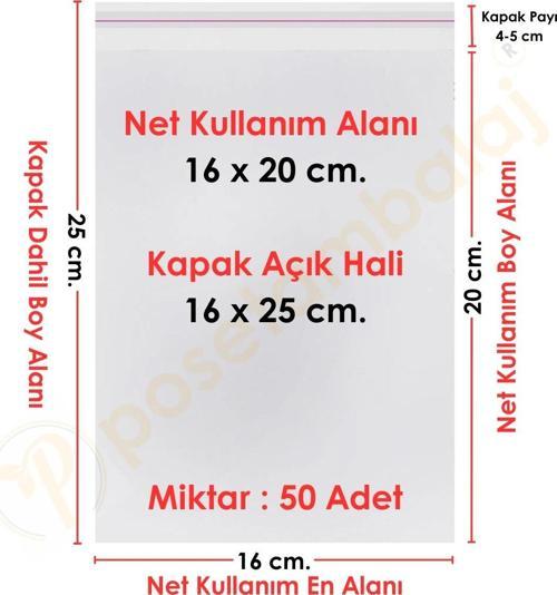 16x20+5 cm.(16x25) 50 Adet Şeffaf Bantlı Yapışkanlı OPP Poşet