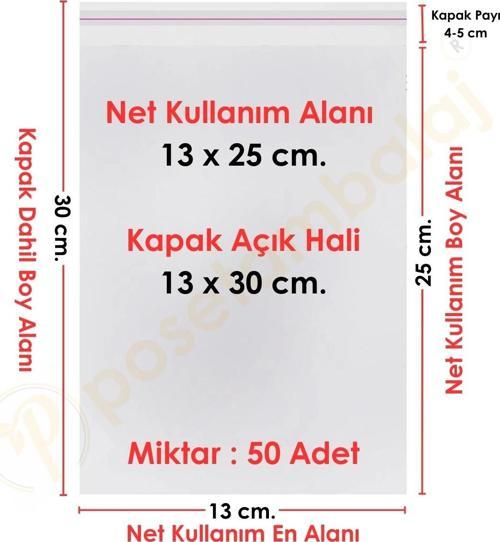 13x25+5 cm.(13x30) 50 Adet Şeffaf Bantlı Yapışkanlı OPP Poşet
