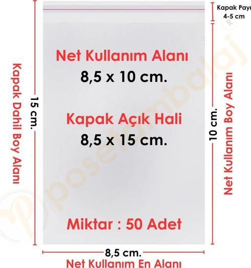 8,5x10+5 cm.(8,5x15) 50 Adet Şeffaf Bantlı Yapışkanlı OPP Poşet