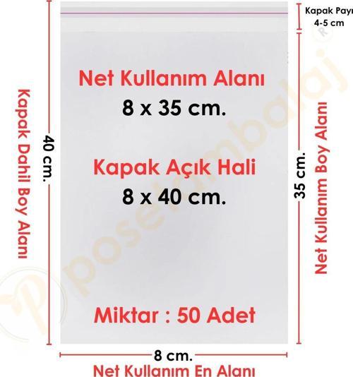8x35+5 cm.(8x40) 50 Adet Şeffaf Bantlı Yapışkanlı OPP Poşet