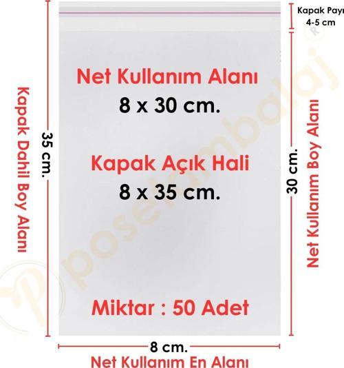 8x30+5 cm.(8x35) 50 Adet Şeffaf Bantlı Yapışkanlı OPP Poşet