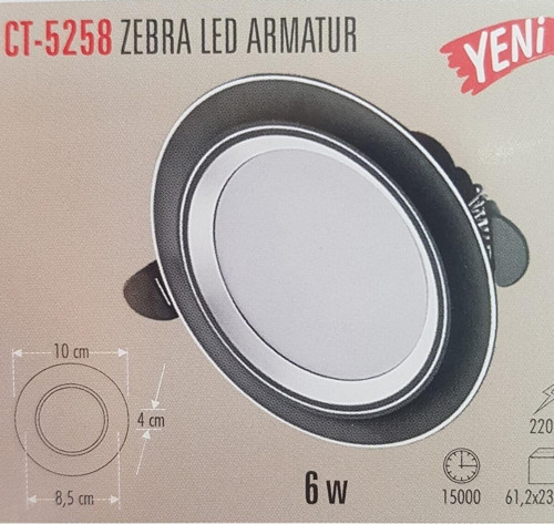 Ct-5258 6W 6400K Beyaz Işık Zebra Led Armatür (Siyah Krom) Kasa 10 Adet