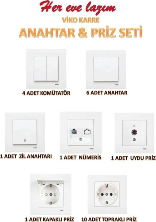 Karre Anahtar & Priz Seti Beyaz (24 Adet) Çerçeveli