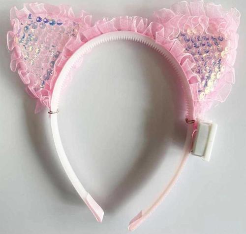 Çocuk Kenarları Dantelli Pembe Pullu Payetli Led Işıklı Kedi Kulak Taç 17x19 cm