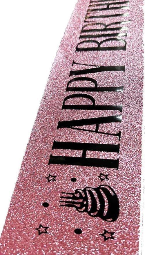 Çocuk Pembe Üzeri Siyah Büyük Happy Birthday Yazılı Simli Işıltılı Kuşak Kemer 10 cm Genişlik