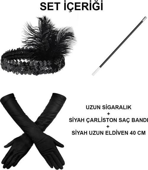 Gatsby Aksesuar Seti Siyah Charleston Saç Bandı Uzun Eldiven ve Sigaralık