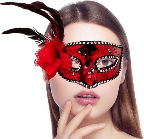 Çocuk Kırmızı Renk Yandan Tüylü Güllü Gümüş Taşlı Pullu Maske 20x22 cm